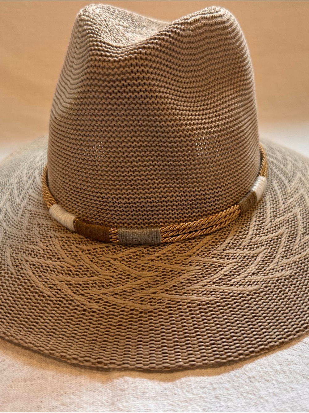 Women's Tan Straw Fedora Hat with Decorative Rope Band
